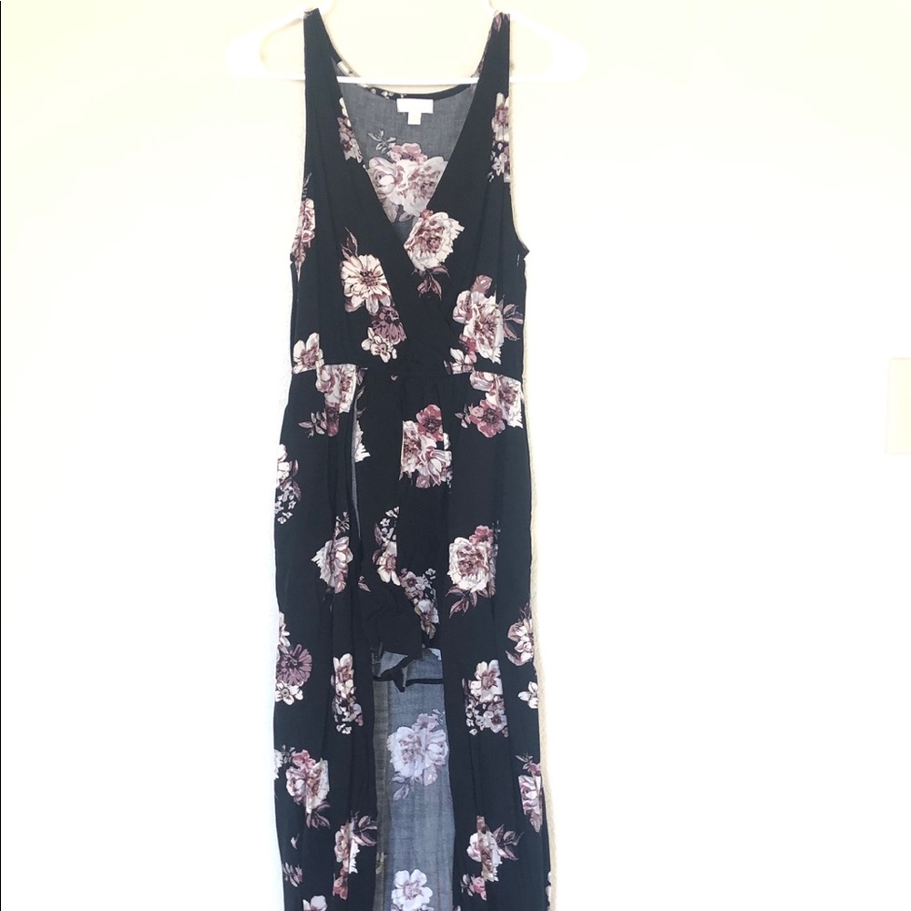 Charming Charlie Black Floral Romper Medium